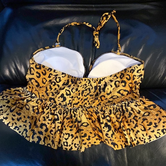 Kortni Jeane L old leopard sweetheart peplum tie neck swim top nwot - Picture 2 of 4